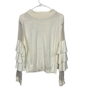 JEALOUS Tomato Ivory Crewneck Sweater, Tiered Sheer Sleeves, XL